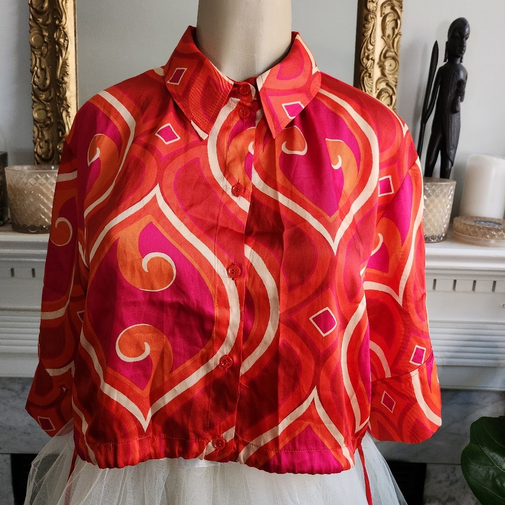 Zara Pink Cropped Satin Shirt Size Small Orange Beige Psychedelic Hippie - Picture 8 of 15